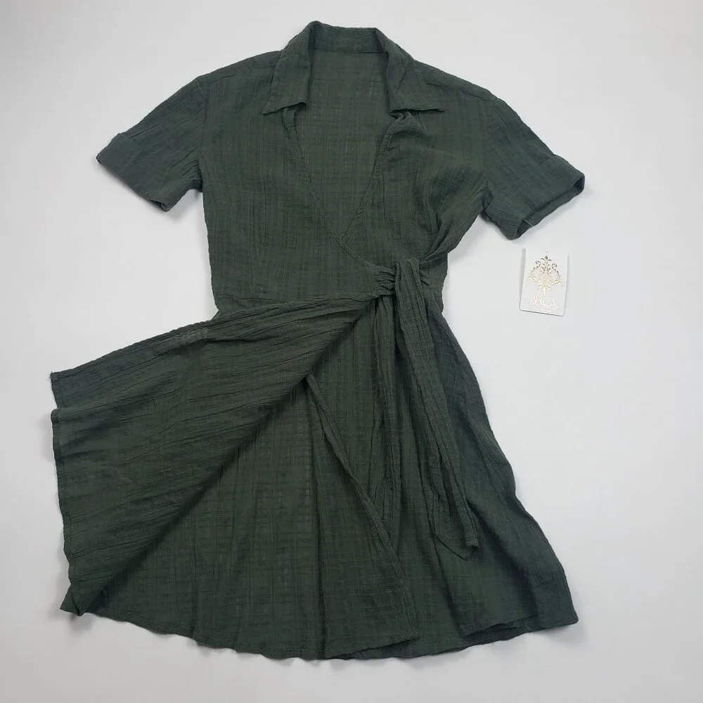 BECCA Playa Textured Collared Wrap Shirtdress Cover-Up Size Small Cactus Green - Picture 12 of 16